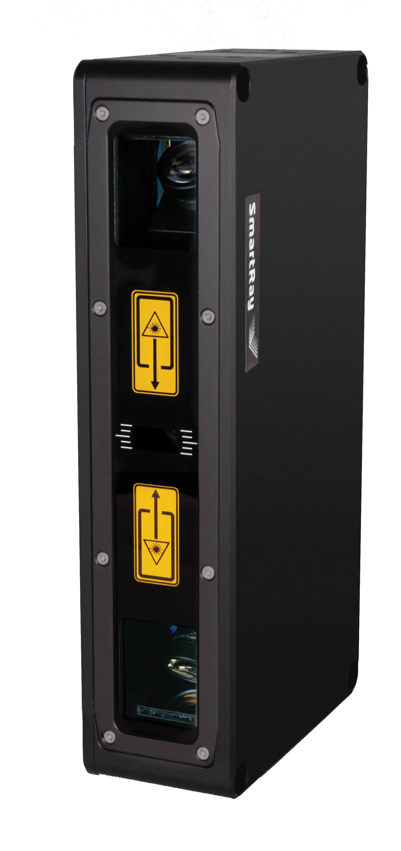 Product shot of a black SmartRay ECCO 95 Dual-Head 3D sensor featuring two optical lenses and dual yellow laser warning labels on its front face.